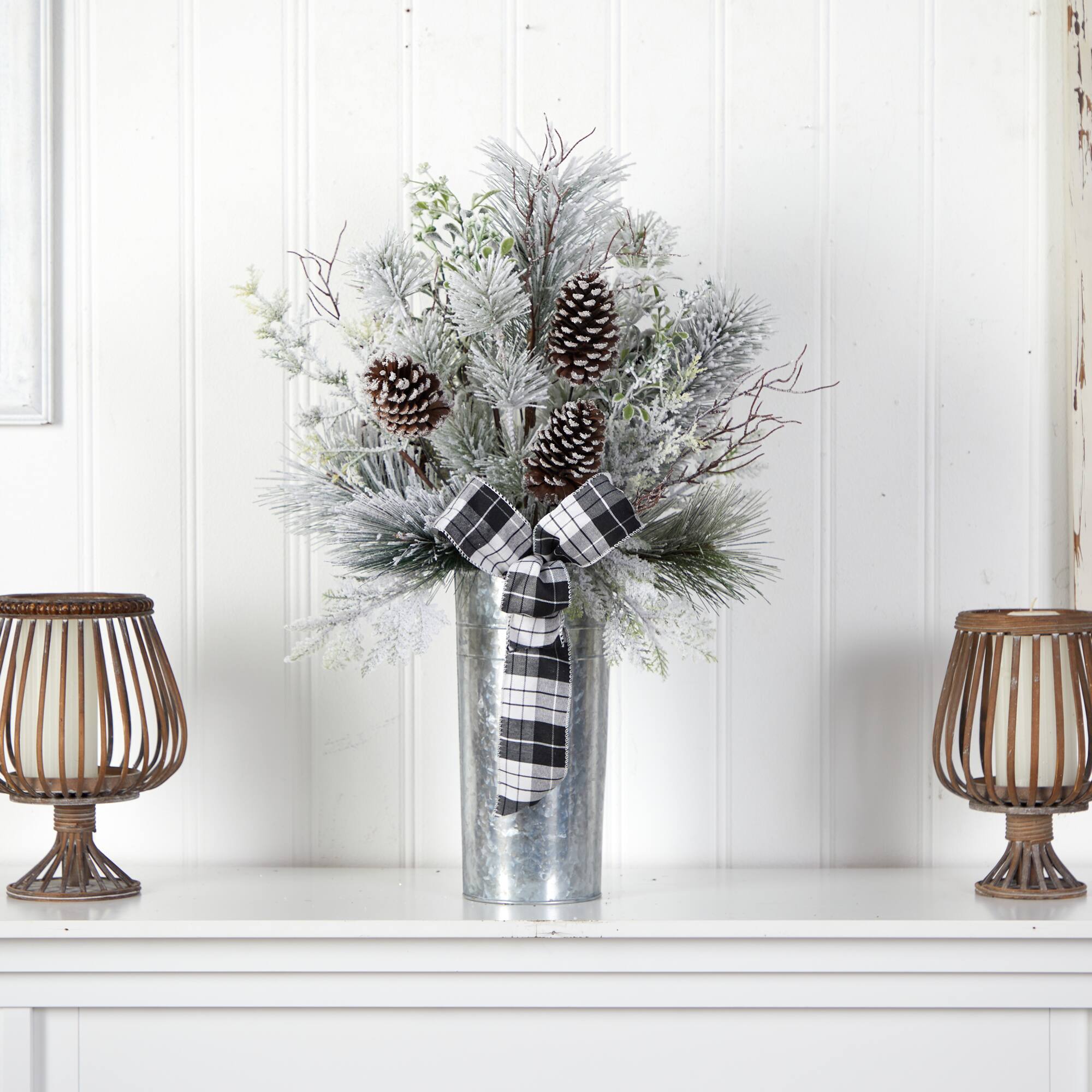 2.5ft. Frosted Greenery & Pinecone with Plaid Bow in Decorative Tin Artificial Christmas Arrangement